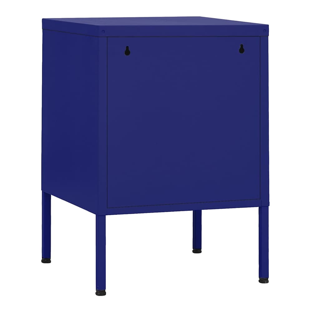 back of the navy blue steel bedside table with wall mounting holes