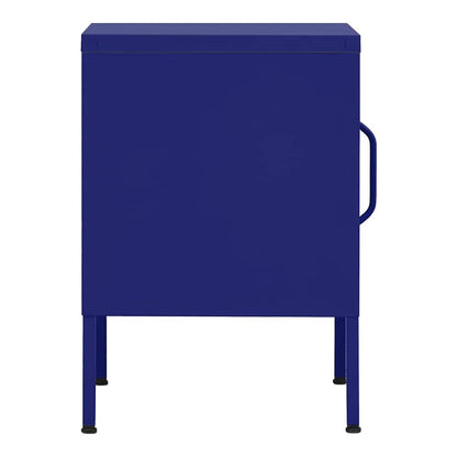 navy blue steel bedside table with a handle on the right side