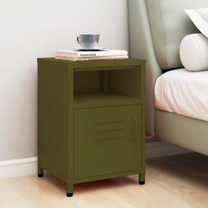 Nightstand Olive Green next to a bed with a book and cup on top