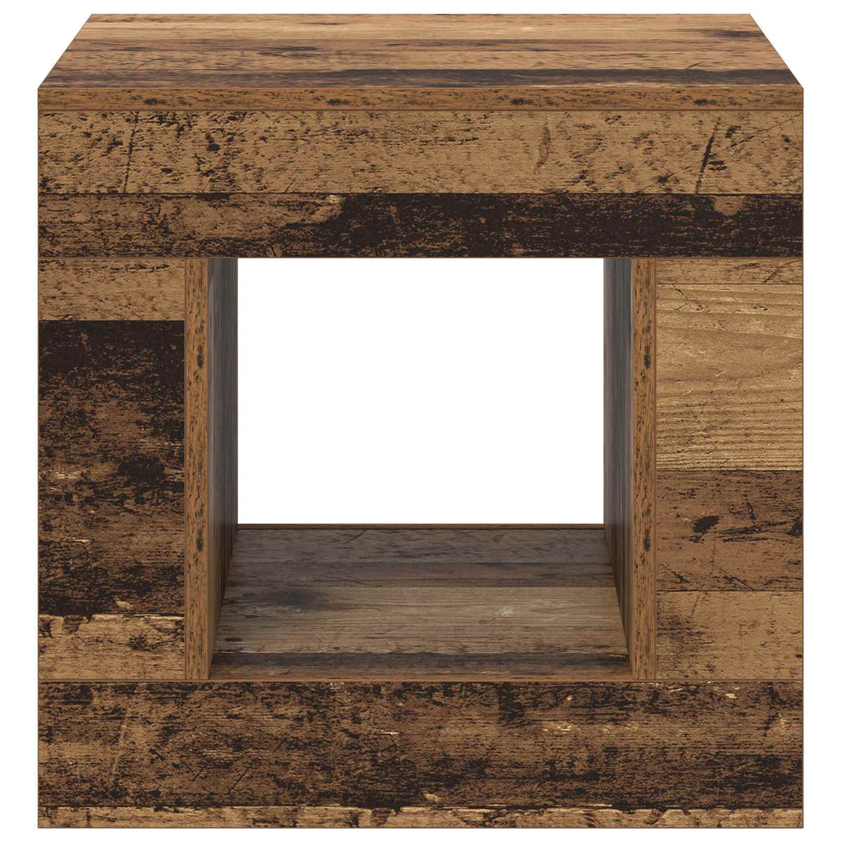 The open storage space within the rustic wood coffee table, showing its interior