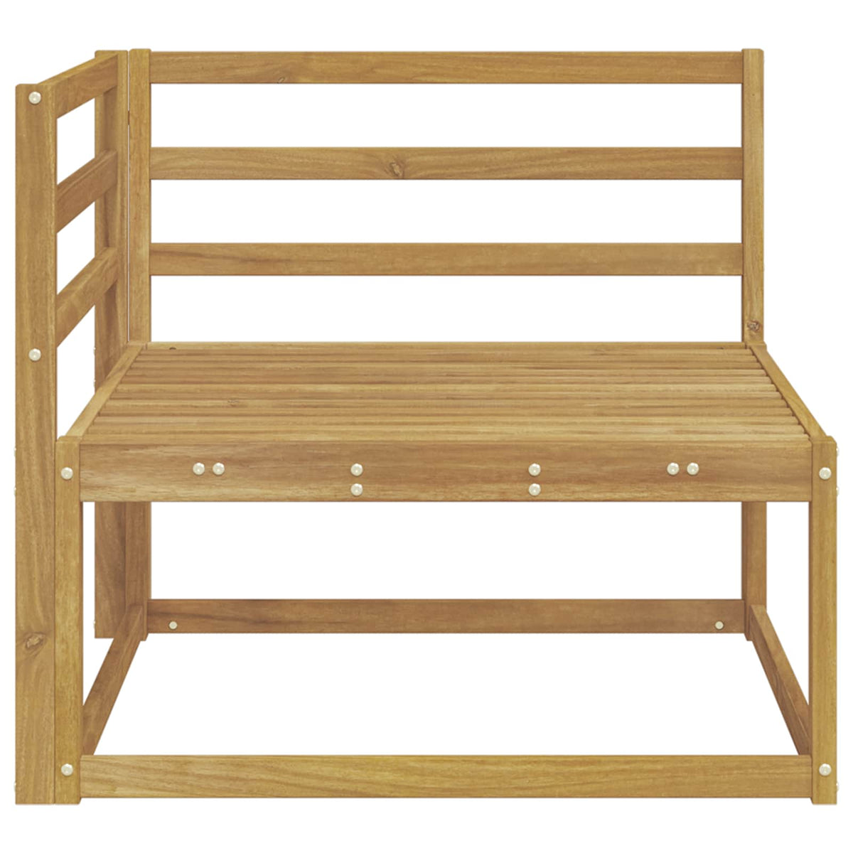 The wooden outdoor sectional sofa unit, viewed from the front with the backrest on the right