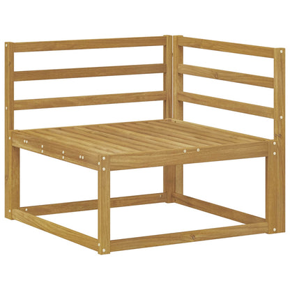 A wooden outdoor sectional sofa unit with slatted seat and backrest, shown from a low angle