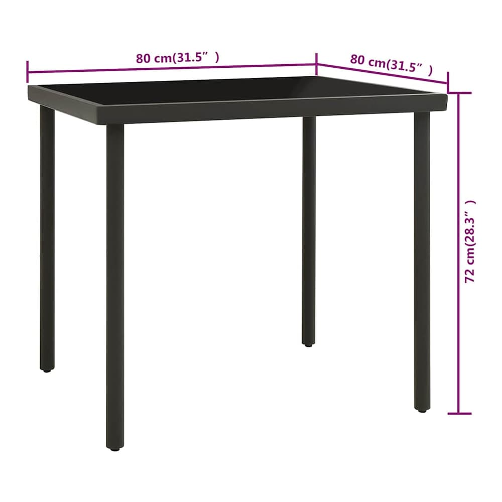 Dimensions of the outdoor dining table shown with measurements for width, depth and height