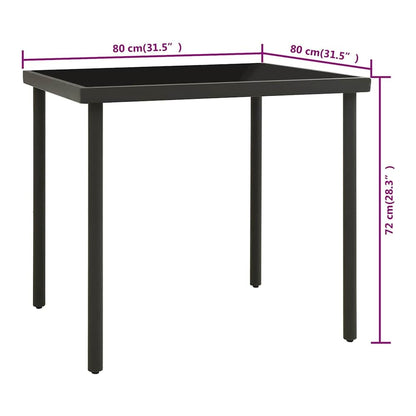 Dimensions of the outdoor dining table shown with measurements for width, depth and height