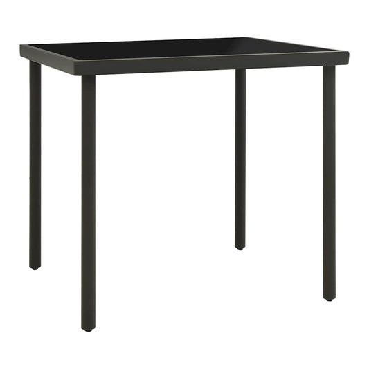 This outdoor table has a sleek black glass top and a sturdy dark grey steel frame