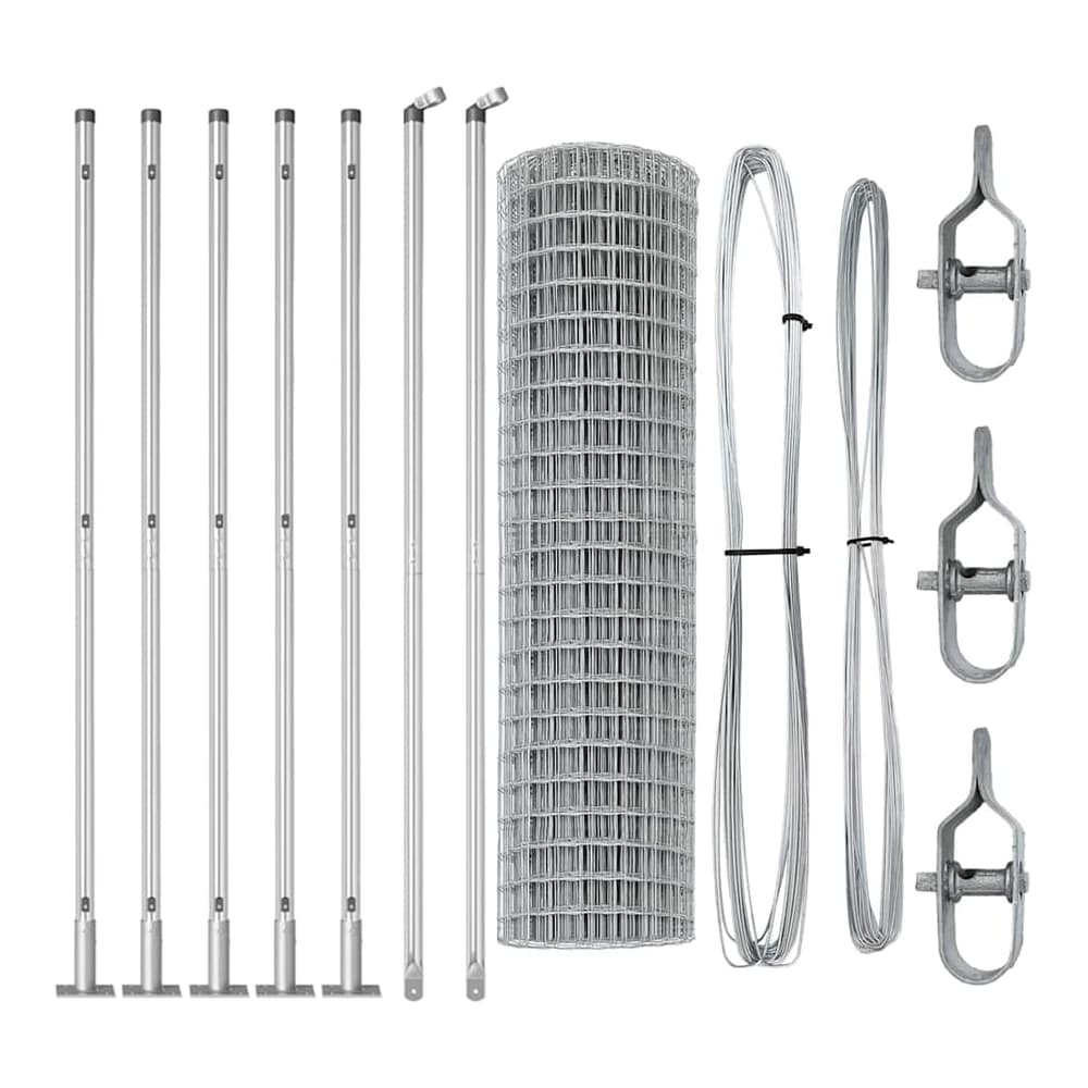 All the components for the Euro fence with concrete base silver mesh laid out
