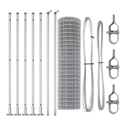 All the components for the Euro fence with concrete base silver mesh laid out
