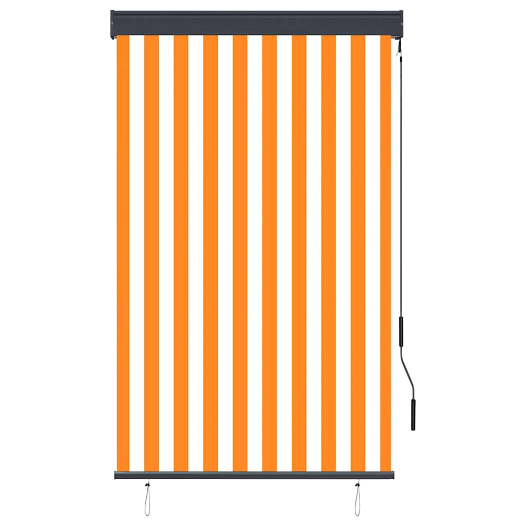 The white and orange striped outdoor roller blind, shown fully extended