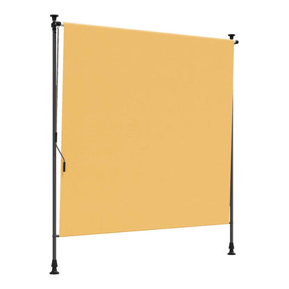 The outdoor roller blind shown freestanding with its support poles