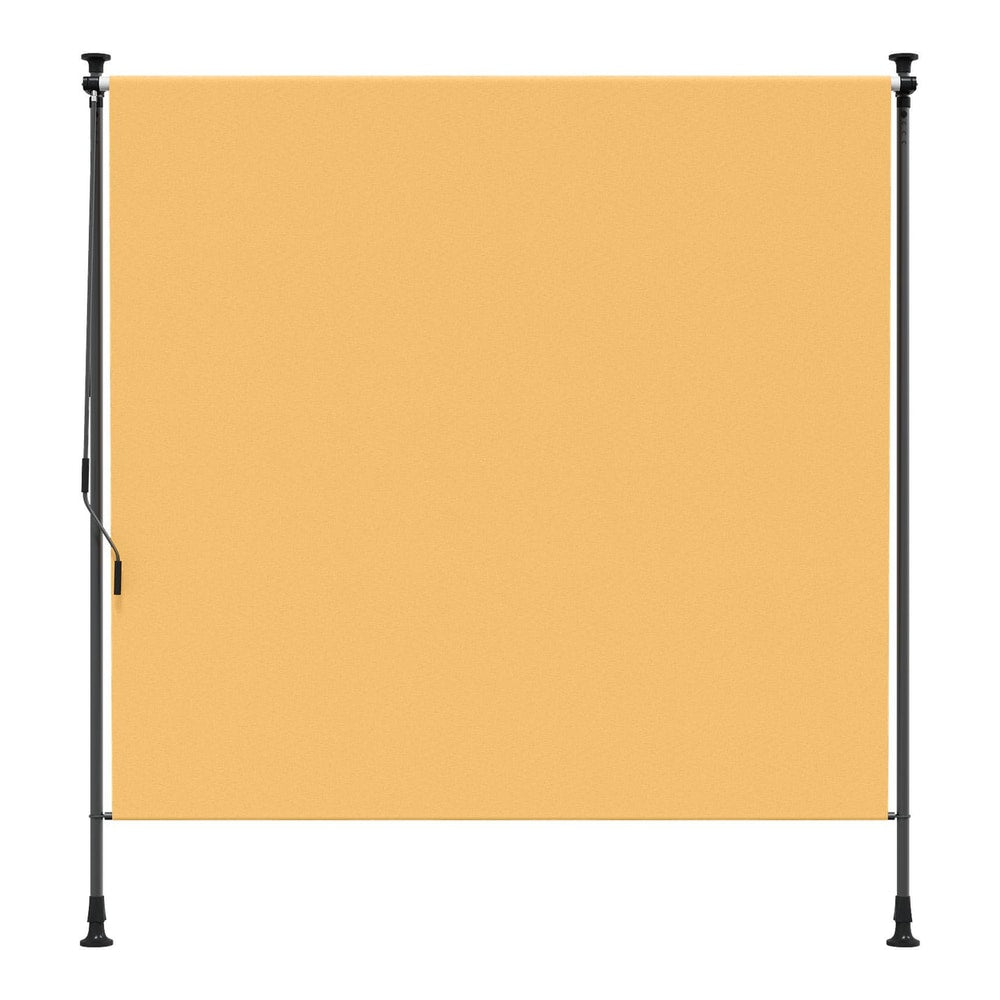 The outdoor roller blind shown from the front with its fabric extended