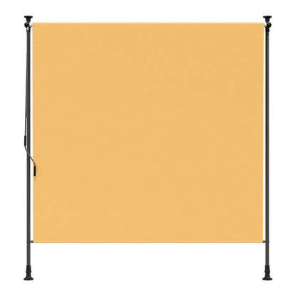 The outdoor roller blind shown from the front with its fabric extended