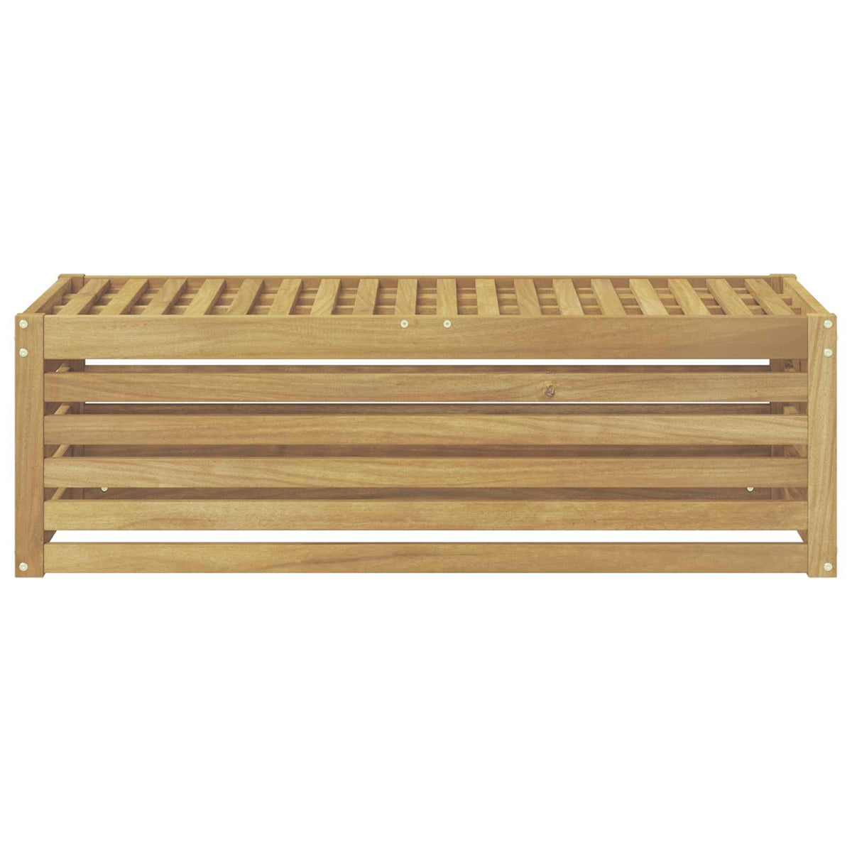 The wooden outdoor bench is shown from the front with horizontal slats