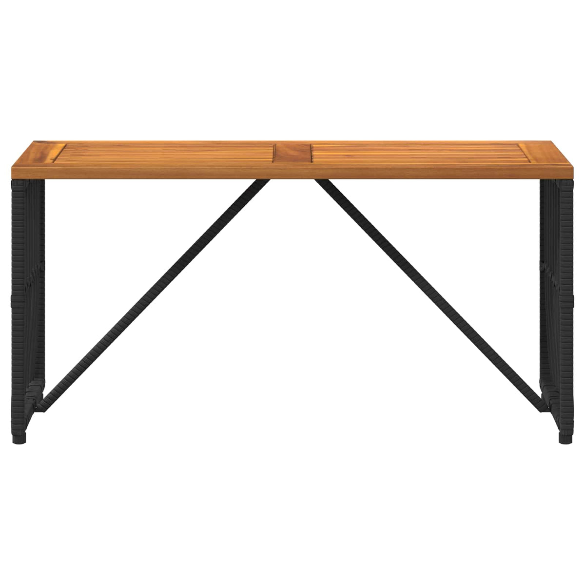 The outdoor table has a wooden top and black woven sides, viewed from the back