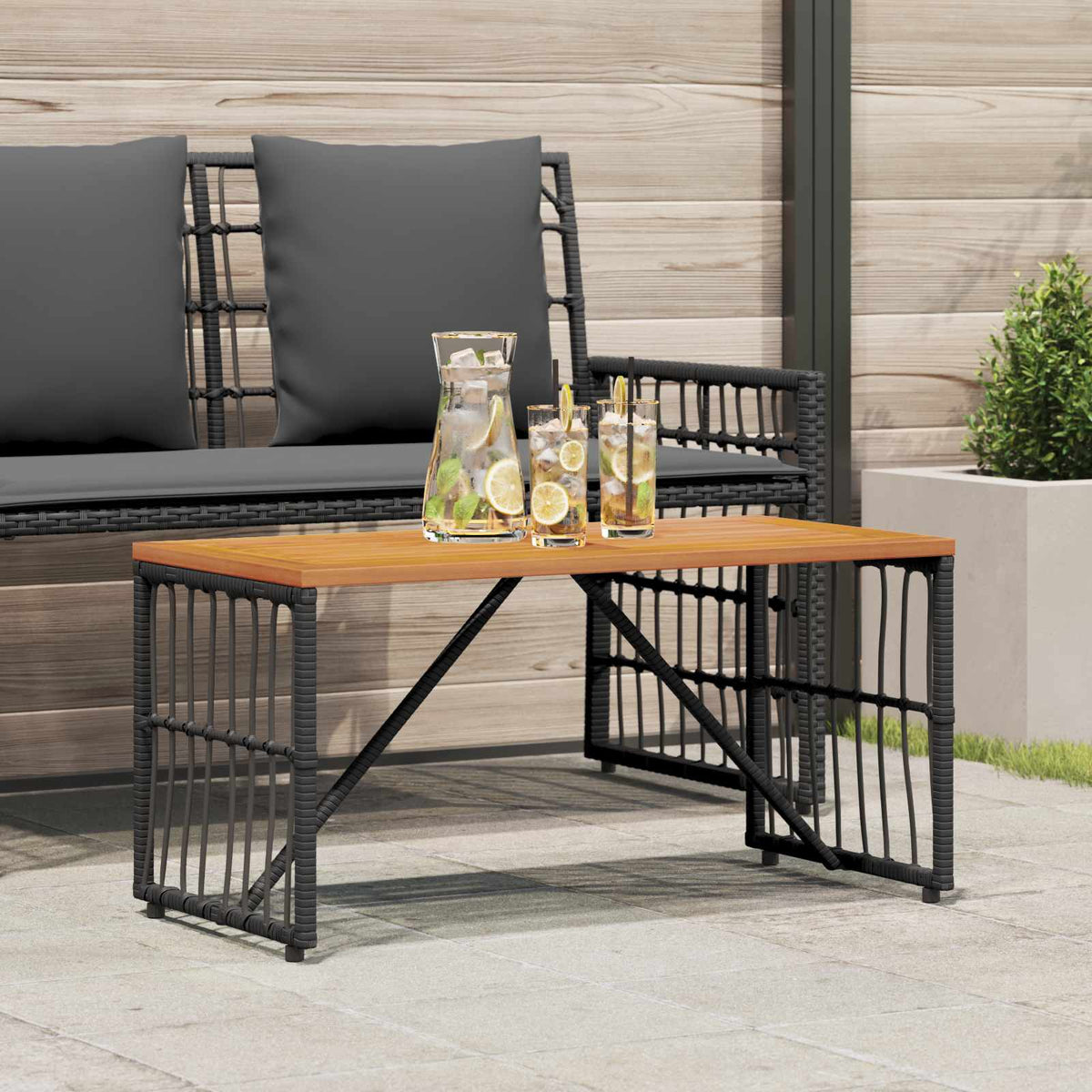 vidaXL Outdoor Table Black Steel and Poly Rattan with drinks on top