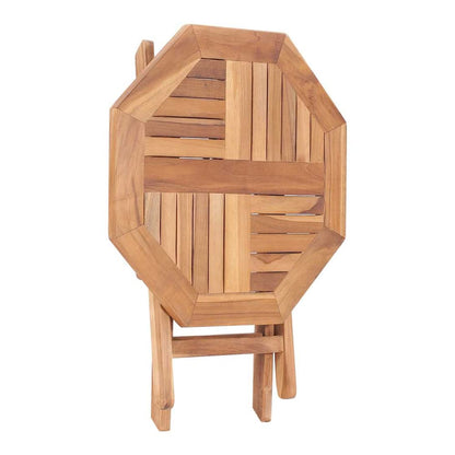 The octagonal garden table folded flat, showing the slatted top and wooden legs