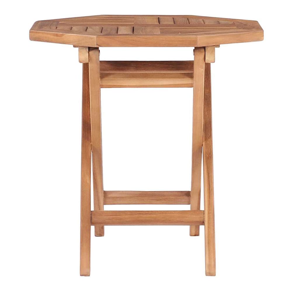 The folding garden table from the side, showing its structure and slatted top