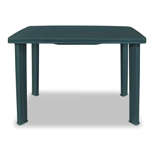 The green plastic outdoor table viewed from the front, showing its rectangular shape and sturdy legs