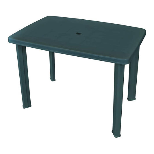 Garden Table Green plastic outdoor table with four legs and a central hole in the tabletop