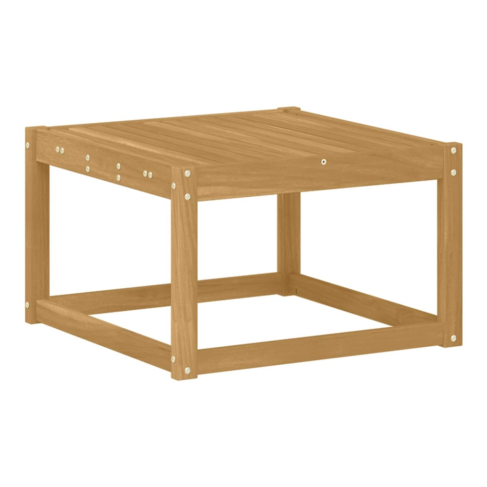 The outdoor table is made of solid wood with a slatted top and open base