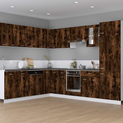 the kitchen cabinet installed as part of a complete dark wood kitchen unit layout