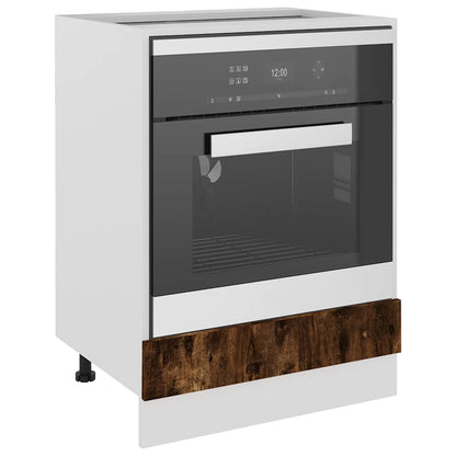 the kitchen cabinet with a built-in oven installed inside the white frame