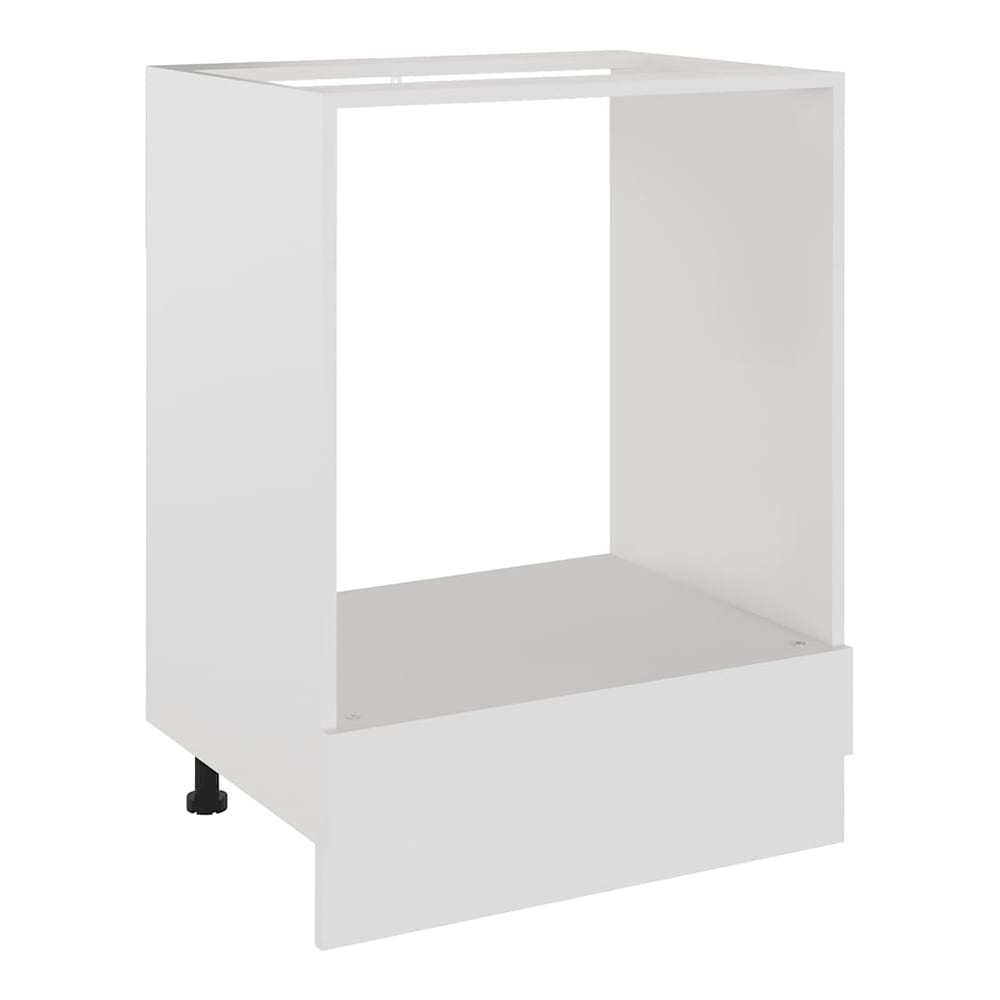 The white oven cabinet with adjustable legs shown from the front