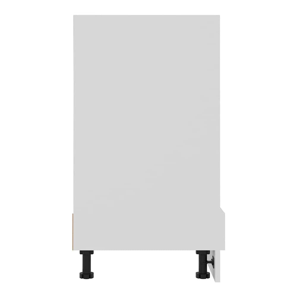 Side view of the white oven cabinet showing its construction and legs