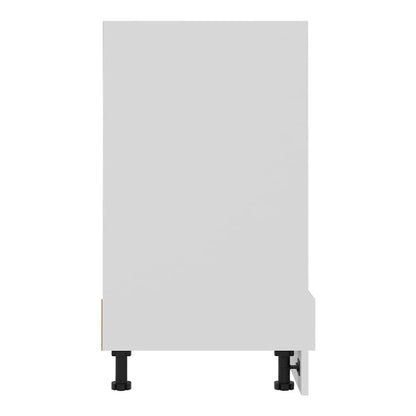 Side view of the white oven cabinet showing its construction and legs