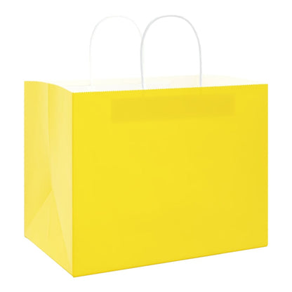 A yellow paper gift bag with white handles, viewed from a slightly elevated front angle