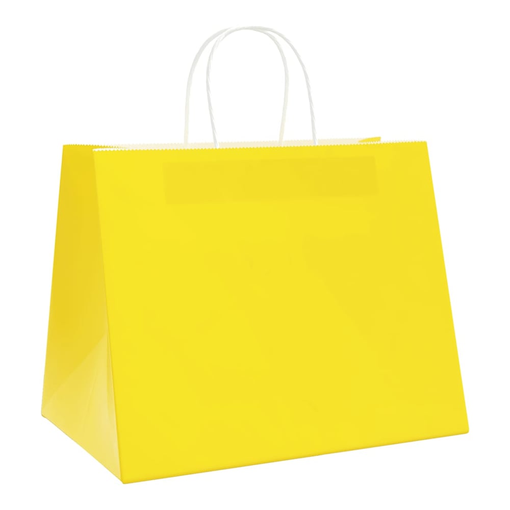 A yellow paper gift bag with white handles, viewed from a slightly lower front angle