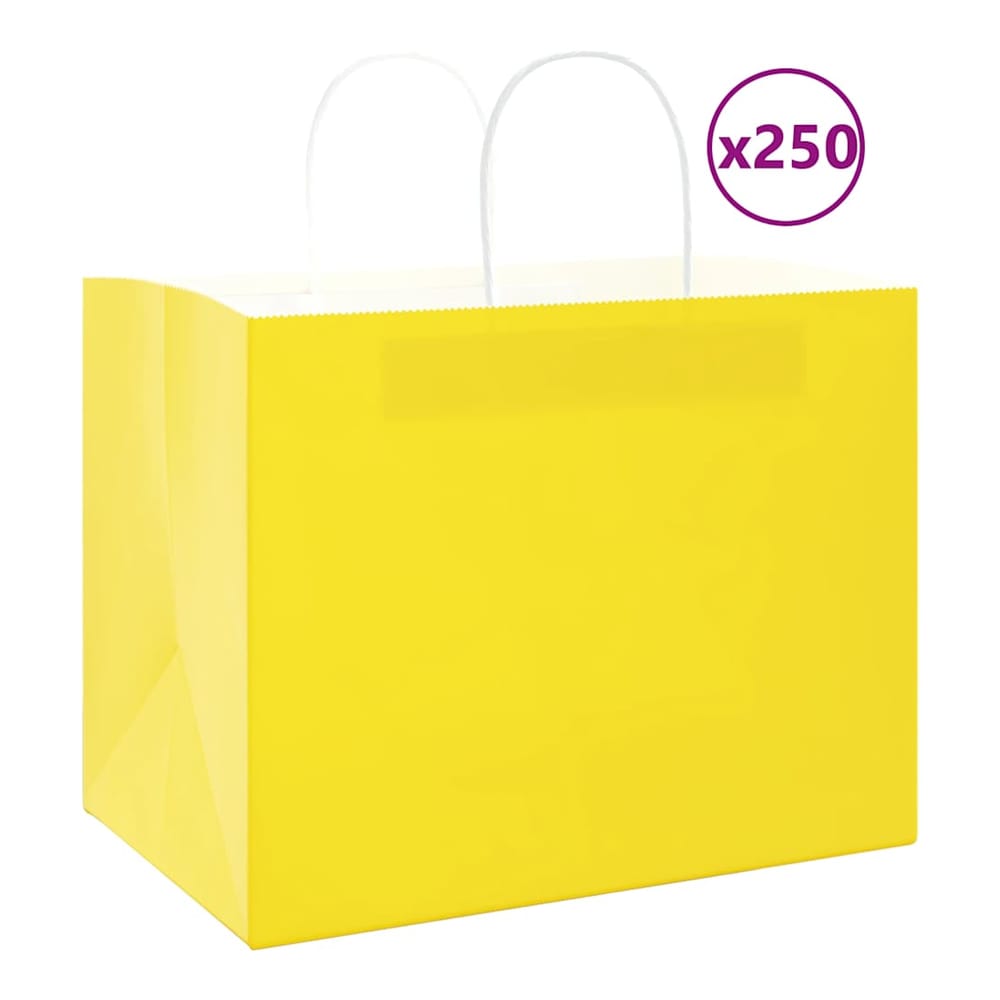 vidaXL Paper Bags 250 pcs with Handles Yellow, a single yellow paper bag with white handles, shown from the front
