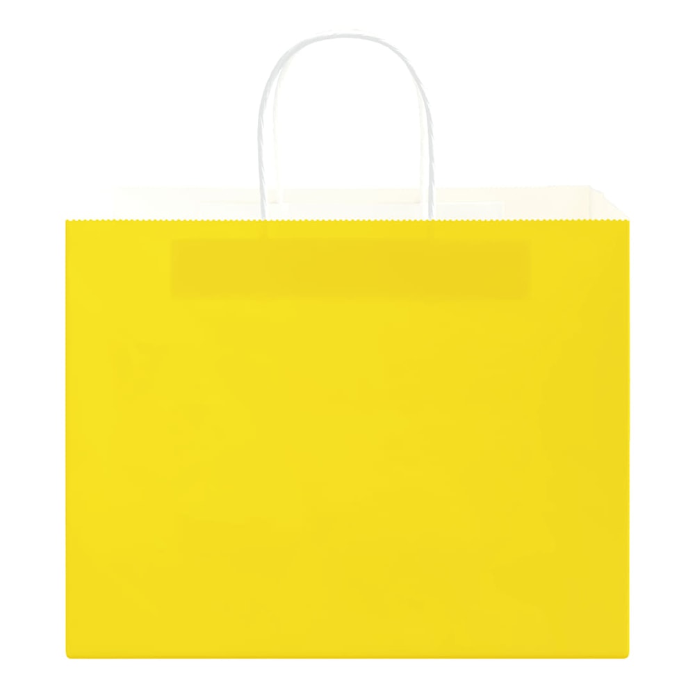 A yellow paper gift bag with white handles, viewed from the front with the top edge visible