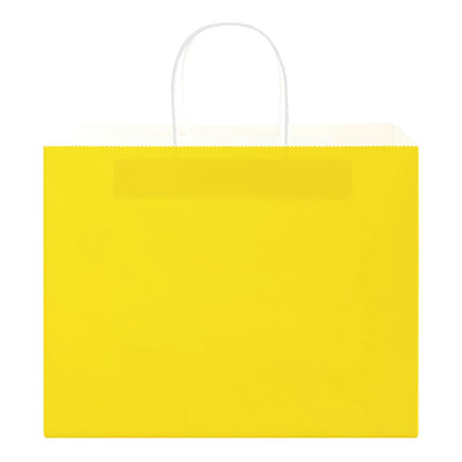 A yellow paper gift bag with white handles, viewed from the front with the top edge visible