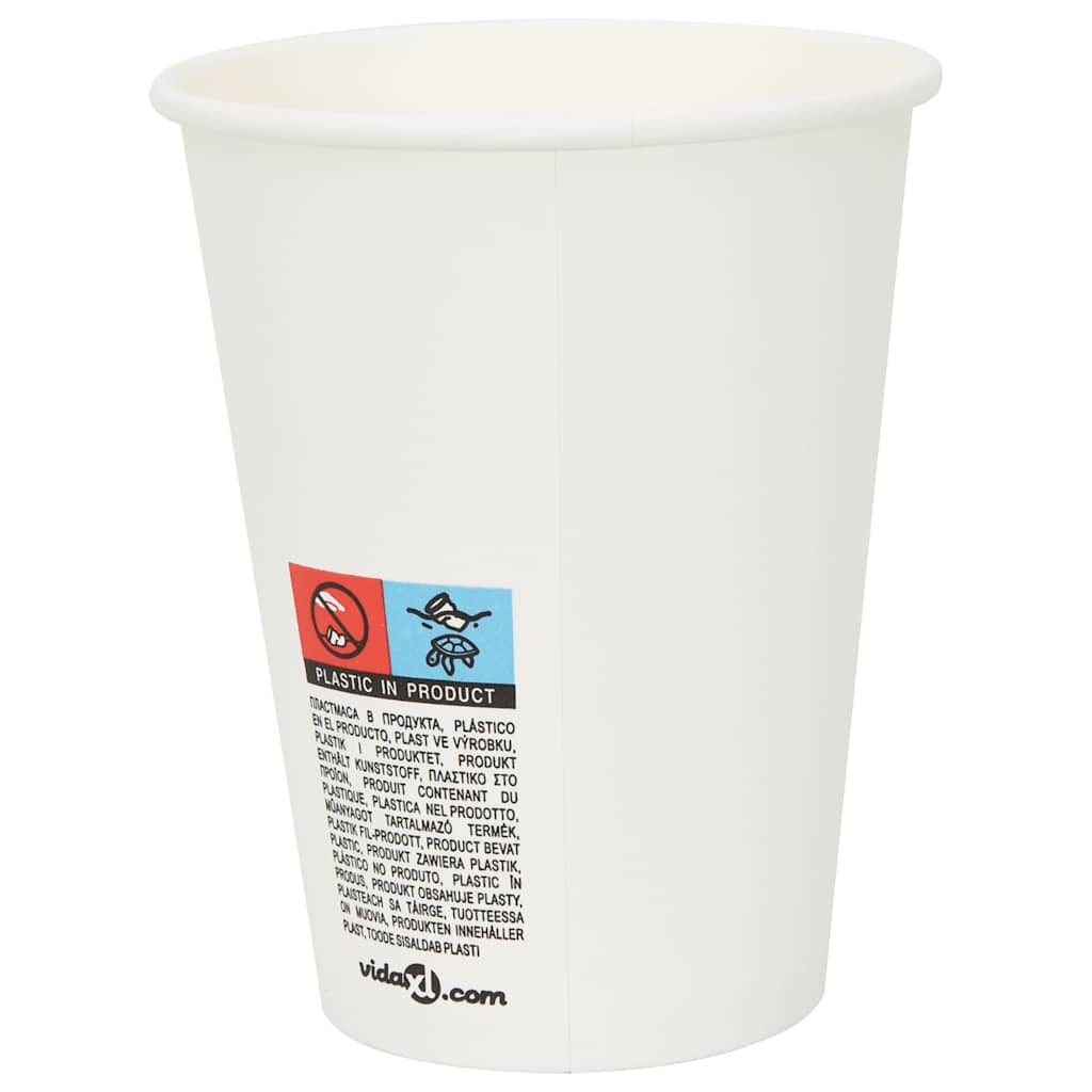 Close-up of the side of a white paper coffee cup, showing printed text and symbols