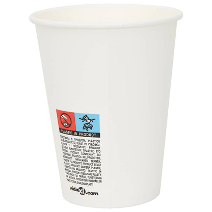 Close-up of the side of a white paper coffee cup, showing printed text and symbols