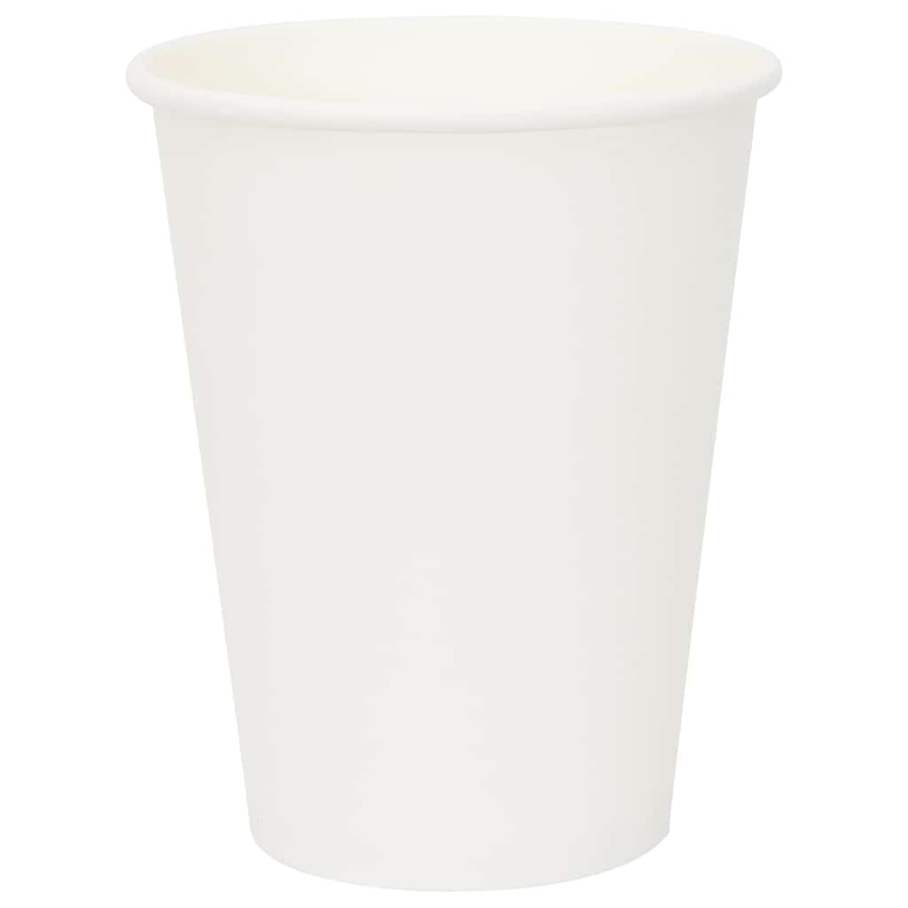 A stack of white paper coffee cups, showing the side profile of the disposable cups