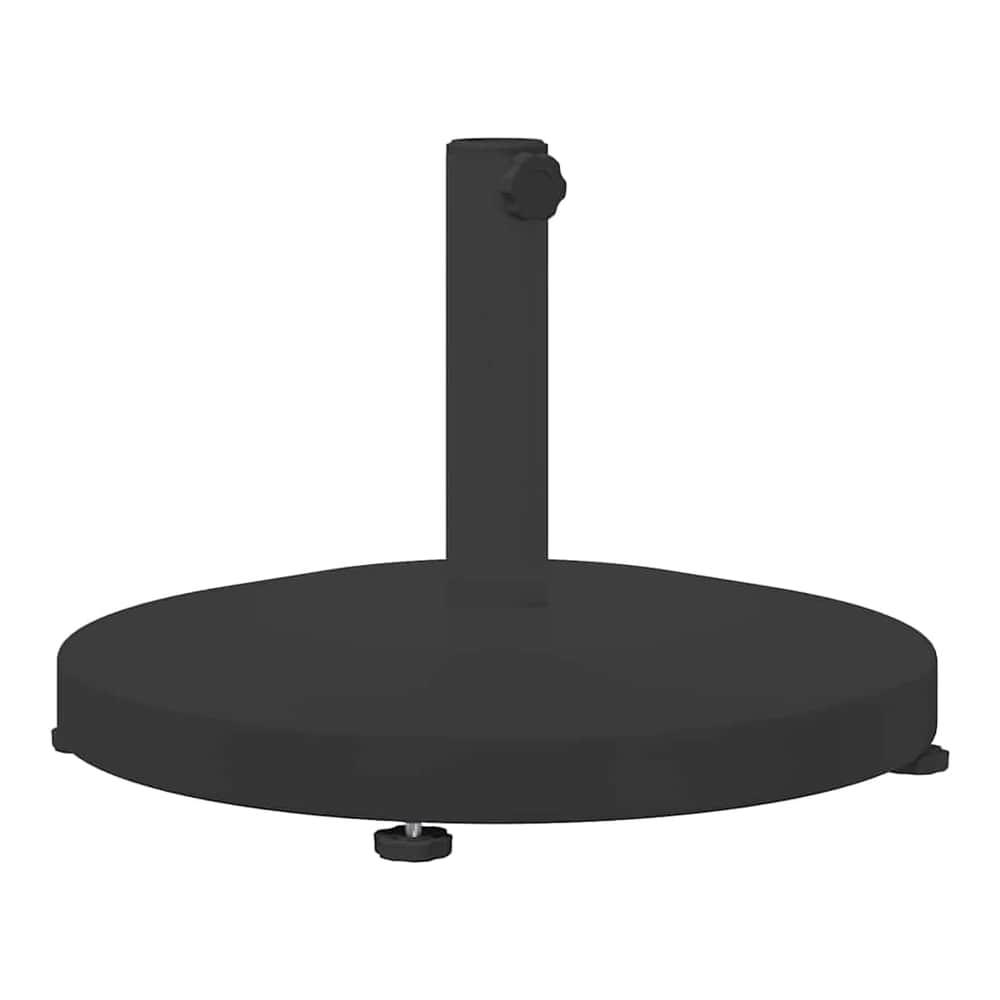 A close-up of the round outdoor umbrella base, showing the pole holder and adjustment knob