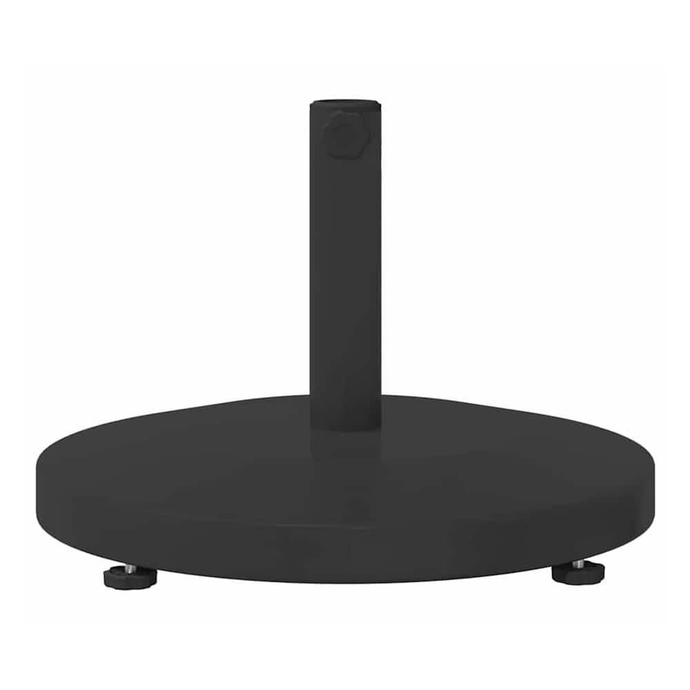 The black round outdoor umbrella base shown from a low angle