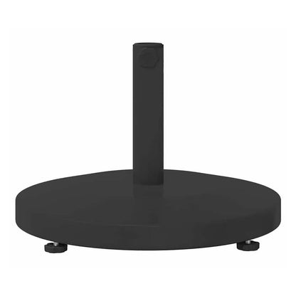 The black round outdoor umbrella base shown from a low angle
