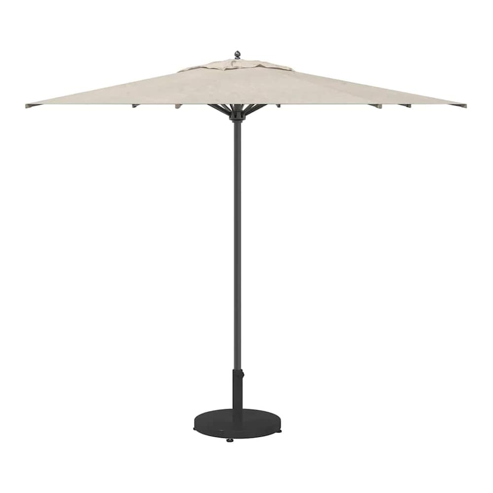 The black round outdoor umbrella base supporting a large cream parasol