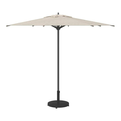 The black round outdoor umbrella base supporting a large cream parasol