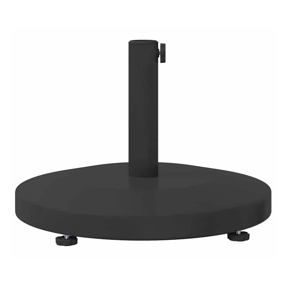 The black round outdoor umbrella base shown from the side