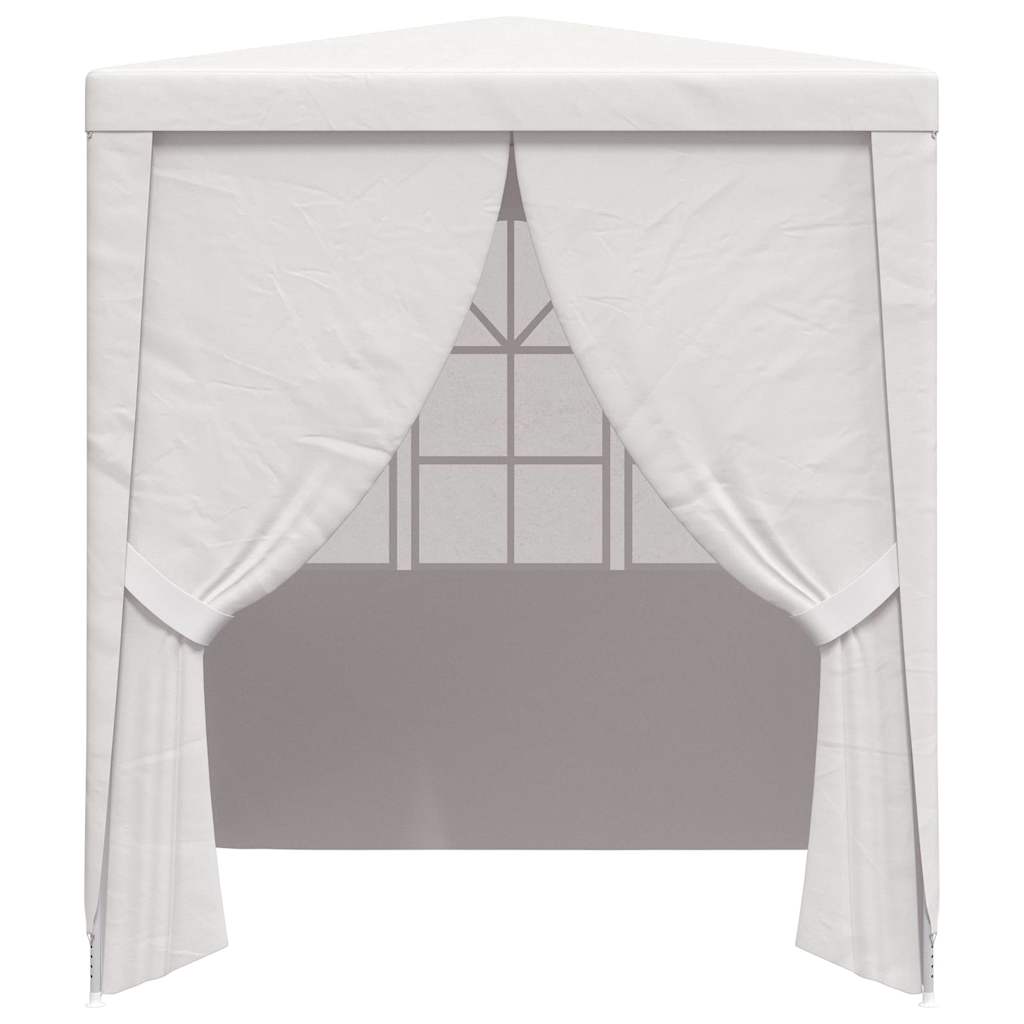 the party tent with side walls showing the draped entrance curtains