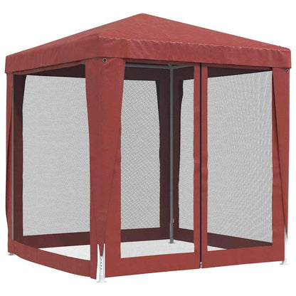 The red garden gazebo showing the mesh walls zipped shut