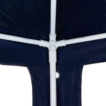 The party tent frame showing the white metal joints connecting the roof poles