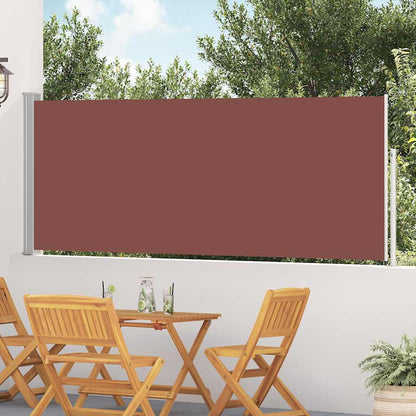 vidaXL Patio Retractable Side Awning Brown, a long brown screen extended on a patio with wooden chairs and a table