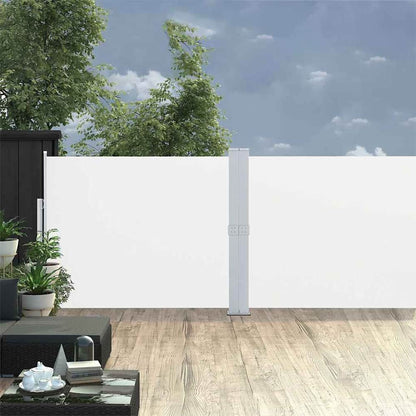 The outdoor sunshade extended on a wooden patio with plants and furniture