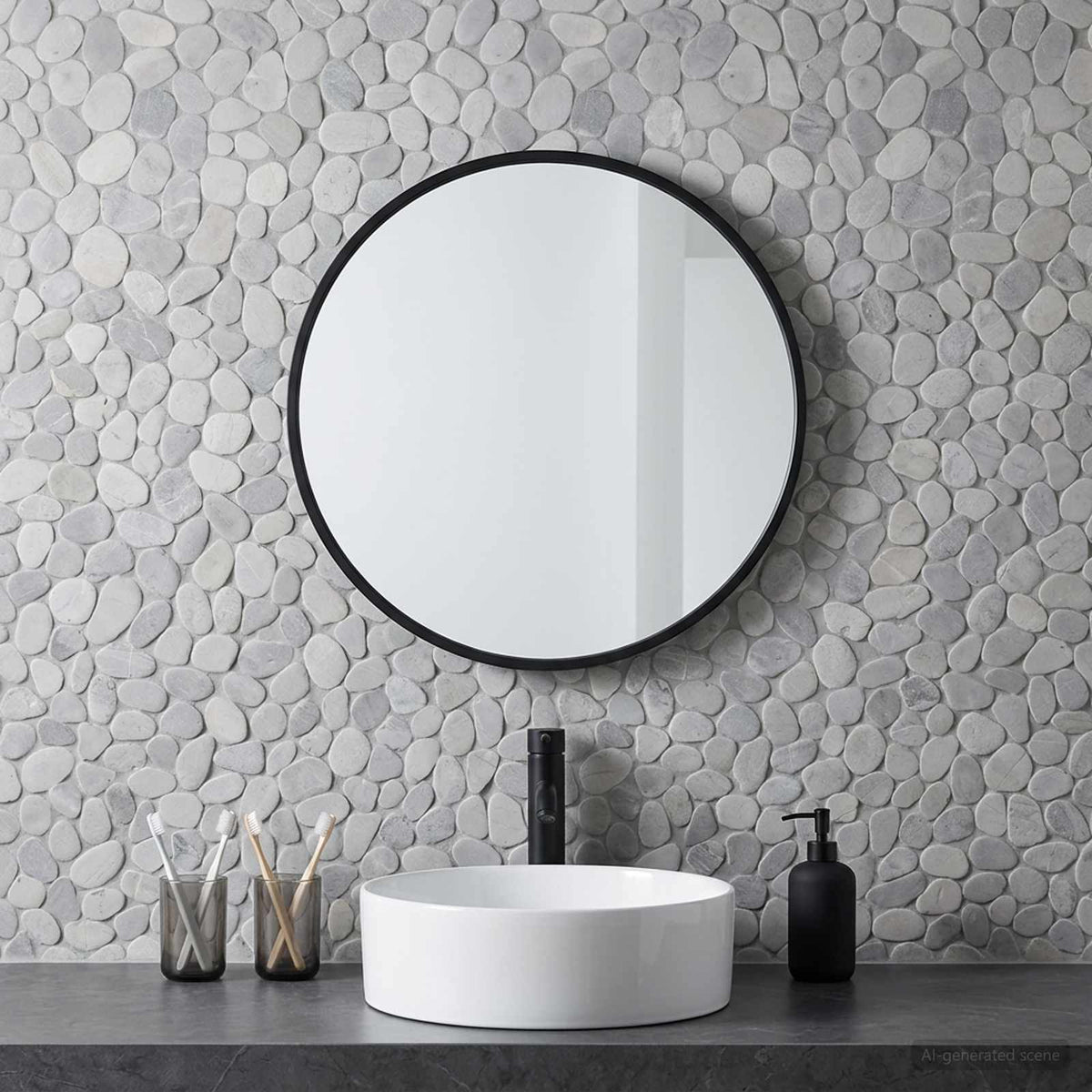 Grey pebble tiles used as a backsplash in a modern bathroom setting