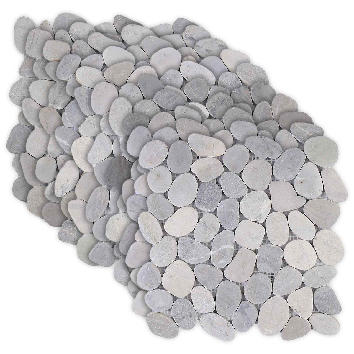 Close up of grey river pebble flooring tiles showing the natural stone texture