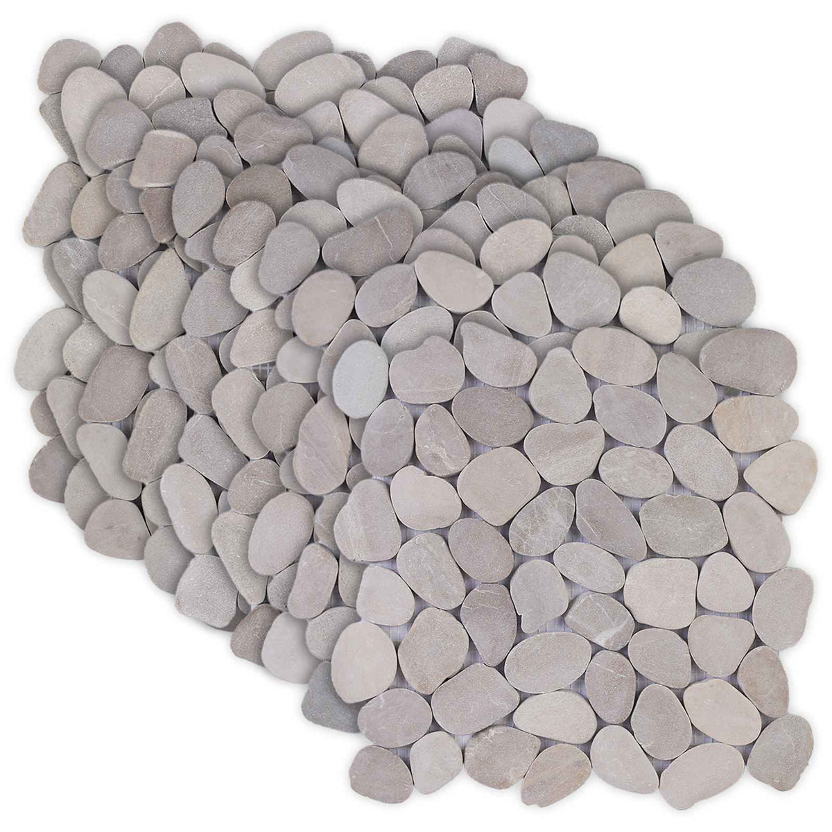 The flooring tiles arranged in a overlapping stack showing the natural pebble texture